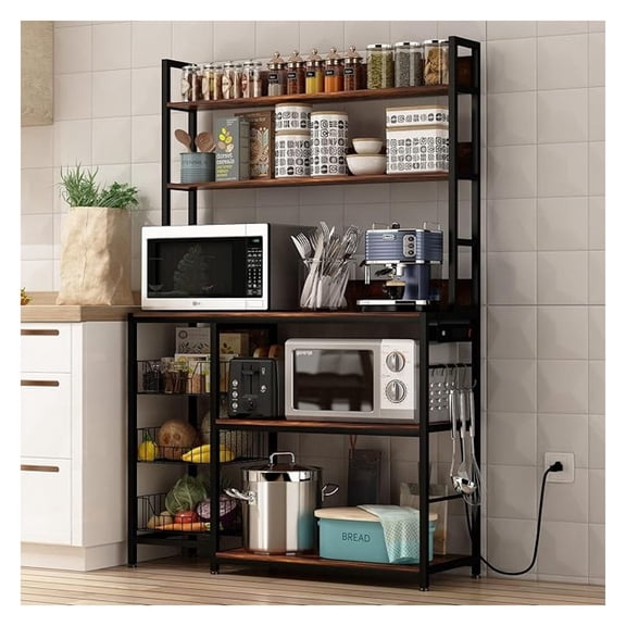 Bakers Rack with Baskets and Power Outlet, 5-Tier Kitchen Utility Storage Shelf with , Microwave Oven Stand Rack, Vintage Brown Free Standing Kitchen Shelf