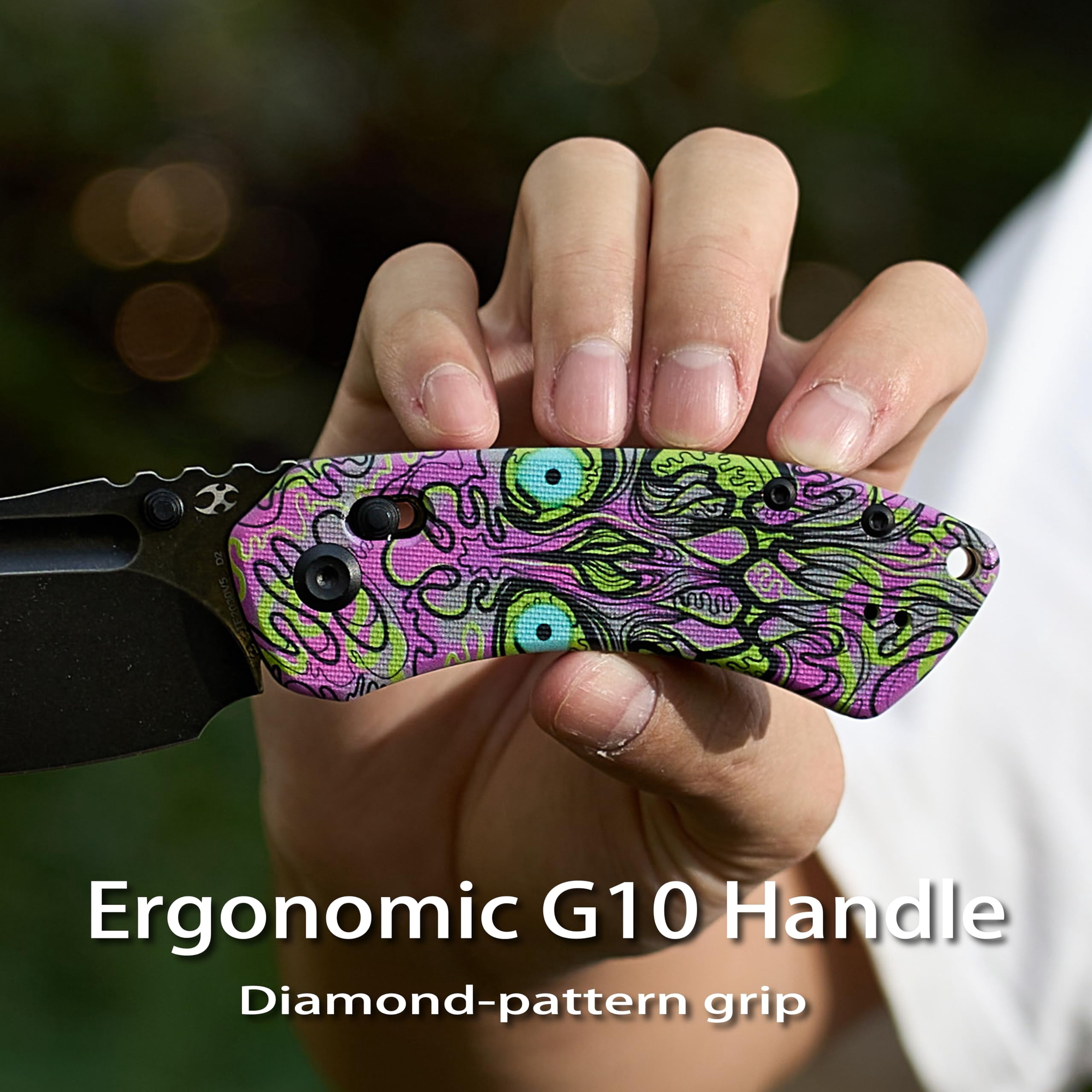 Kansept Korvid V Folding Pocket Knife 2.91" Blackwash D2 Blade,Jade G10 with Purple Graphic Pattern,TE2030V5