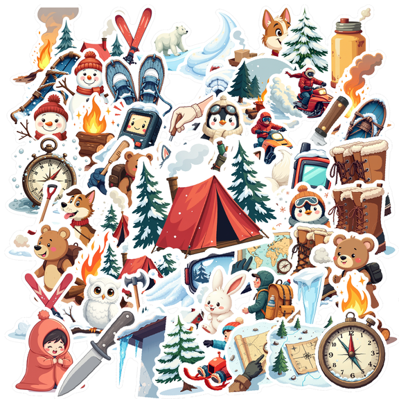 cartoon Winter Camping Stickers, Waterproof Winter Camping Sticker for Water Bottle Laptop Phone Cases Planner Skateboard Luggage Helmet Party Favor Decor, Ideal for Adults Teens Teacher Rewards