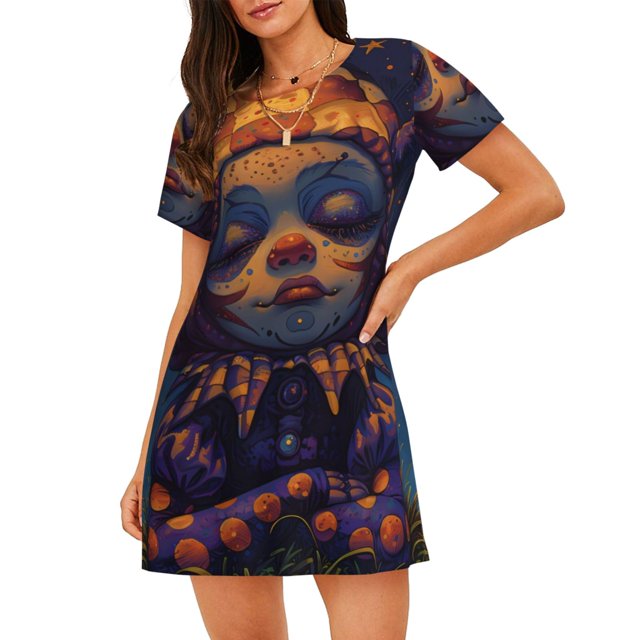 Disketp Dreamy Jester Under Stars para Camisón Corto de Manga Corta para Mujeres, Camisón Cómodo con Escote Redondo, Bonito y Confortable