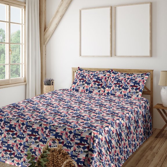 Ambesonne Abstract Modern Art Fitted & Flat Sheet with Shams 4 Pcs Set, Mosaic Look Art, King, Dark Sky Blue Coral