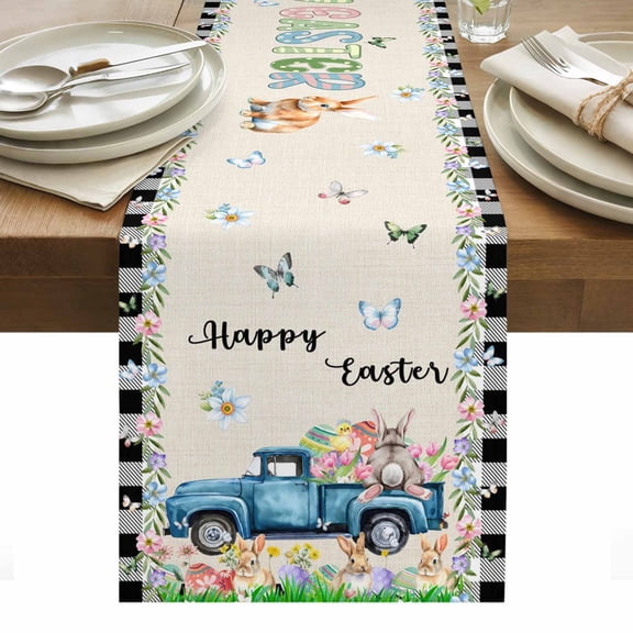 Easter Table Runner - 72 Inch Long, Kitchen Dining Table Runner Dresser Scarves, Spring Farmhouse Truck Rabbit Eggs Floral Plaid Farmhouse Decor for Coffee Tables Wedding Party Banquet