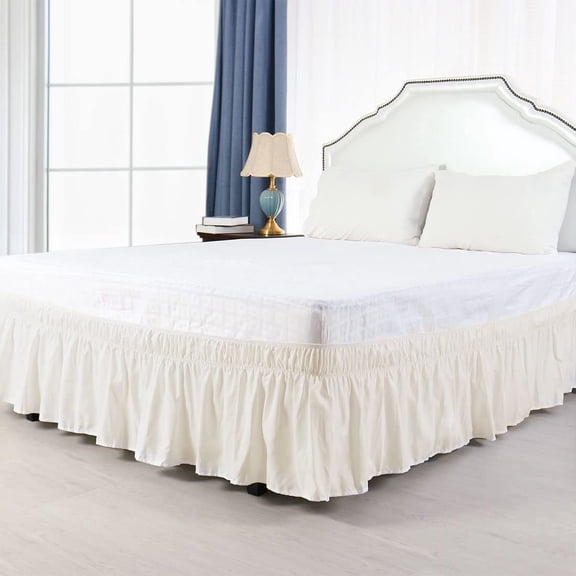 Bed Skirt - Wrap Around Bed Skirts Elastic Dust Ruffles, Easy Fit Wrinkle and Fade Resistant Luxurious Fabric Solid Color, Ivory Queen Size Beds 15 Inch Drop