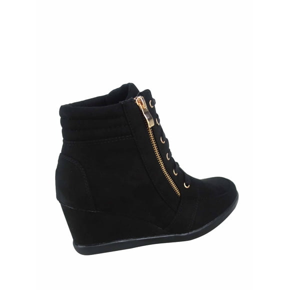Peggy-53 Women's High Top Fashion Round Toe Lace Up Wedge Sneaker Shoes ( Black, 8.5 )