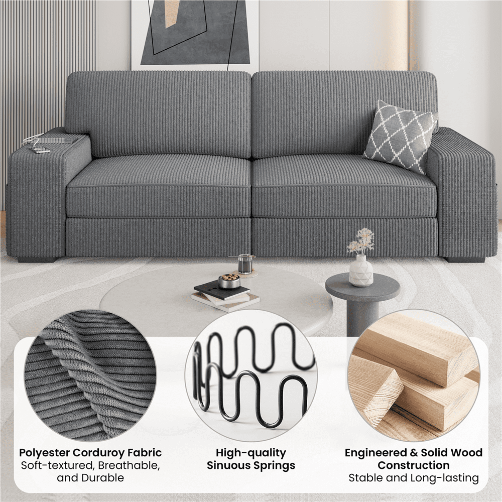 Renwick 83.5'' W 2-Seater Modern Corduroy Fabric Sofa Couch with USB Charging Ports for All Ages, Dark Gray