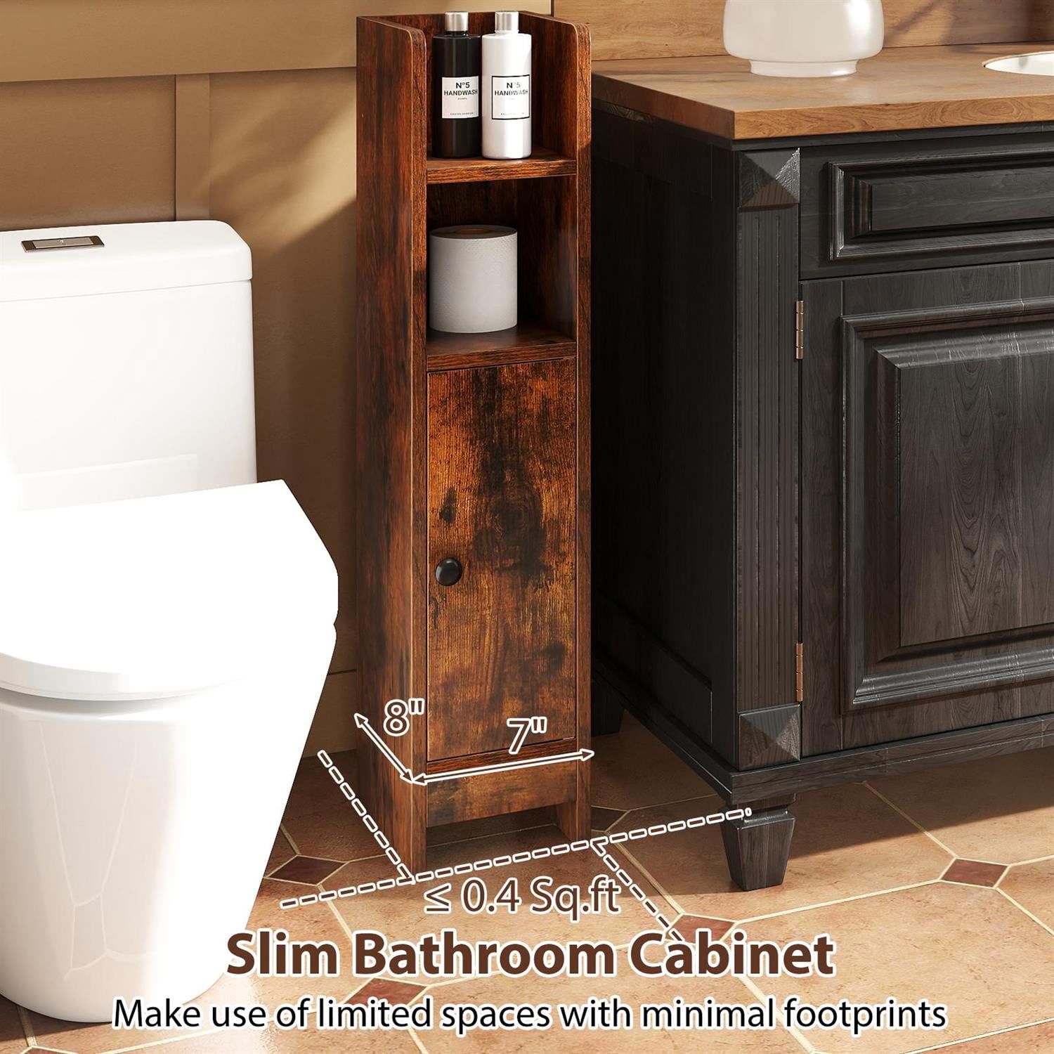 Spaco Rustic Brown Slim Bathroom Corner Cabinet, 1 Door & Adjustable Shelves with Rustic Finish