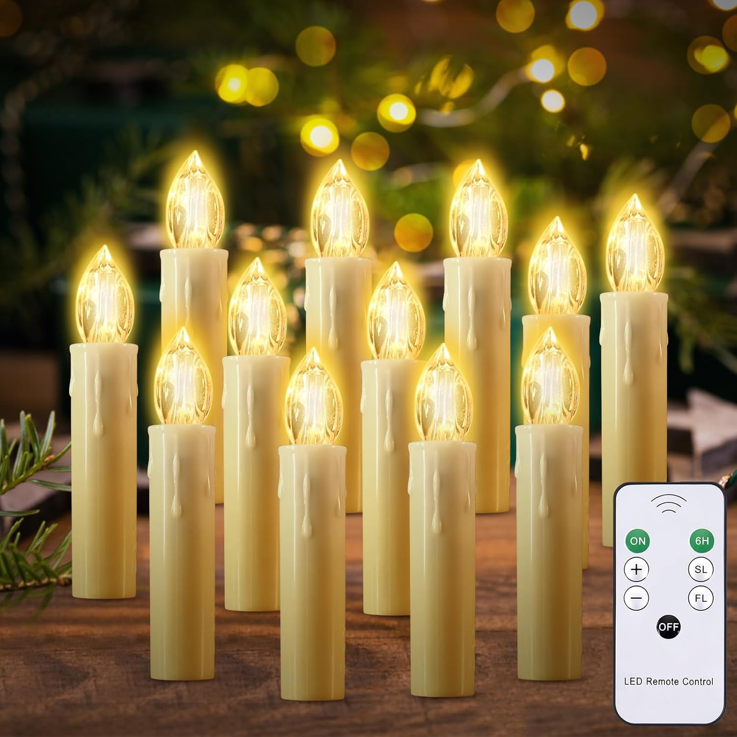 Flameless Christmas Trees Candles, Cimetech 12PCS LED Flickering Lights Battery Operated Candlesticks with Remote Timer/Clips, Warm White Window Taper Candle for Home Wedding Easter Festival Decor