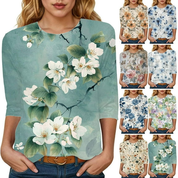 Towmus T Shirts for Women Graphic 3/4 Length Sleeve Ladies Tops Floral Print Dressy Blouses Crew Neck Casual Tunic Tops Summer Shirts