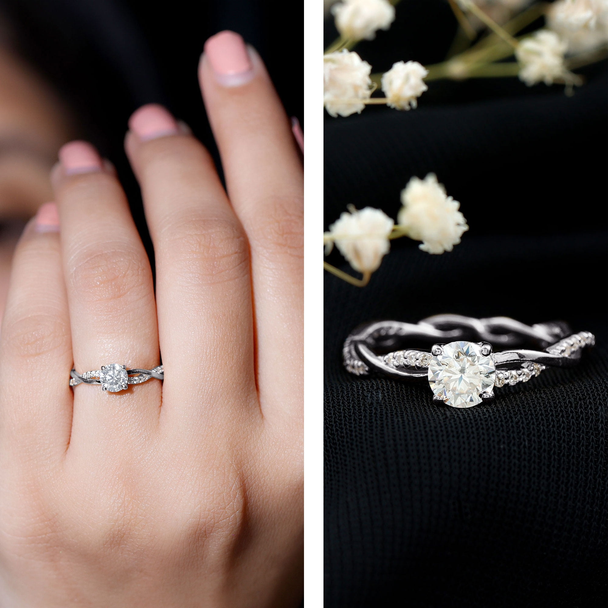 Rosec Jewels Moissanite Engagement Ring for Women - 1/2 Carat - Braided Ring - D-VS1 Quality Certified, 14K White Gold, US 8.00