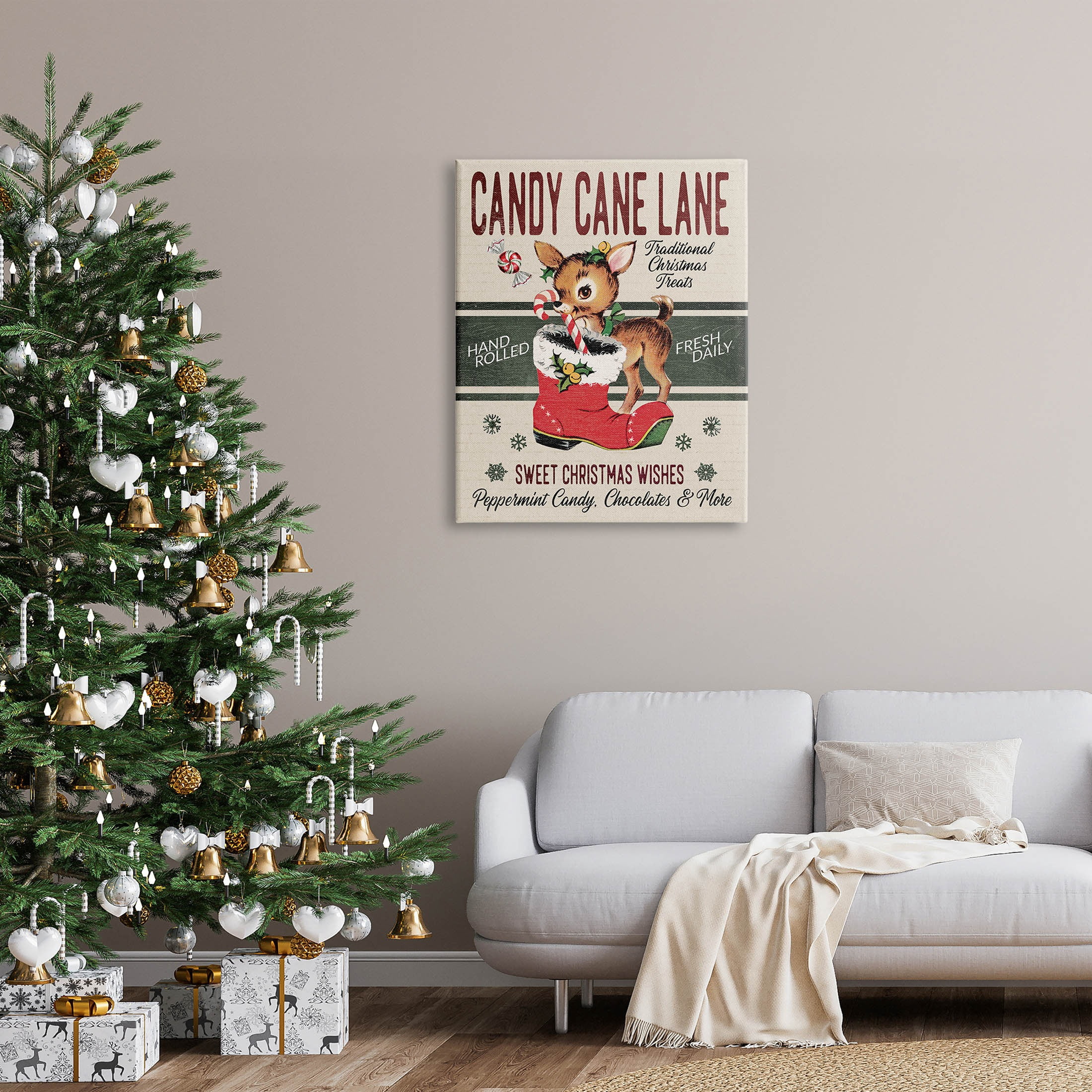 Candy Cane Lane Vintage Reindeer Boot Holiday Graphic Art Gallery Wrapped Canvas Print Wall Art