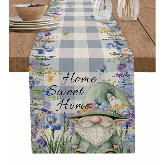 Rustic Gnome Table Runner 90 Inches, Spring Flowers Butterfly Purple Check Bed Runner Dresser Scarves Tabletop for Indoor Outdoor Parties/Ceremony/Banquet, 13" x 90"