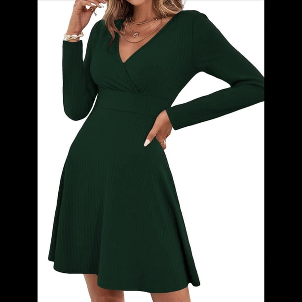 Vestido Mini de Otoño para Mujer, de Larga, Cruzado, con Cuello en V, Fluido, Corte A, Informal, Elegante, para Trabajo y Negocios. Verde XL