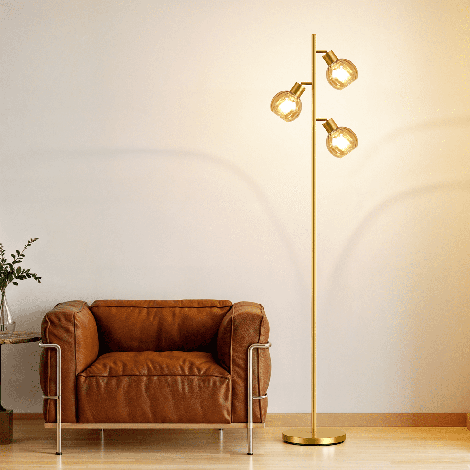 Tree Floor Lamp With 3 Adjustable Rotating Lights And Matching Led Bulbs, Standing Tall Pole Lamps for Living Room, Bedroom, Home