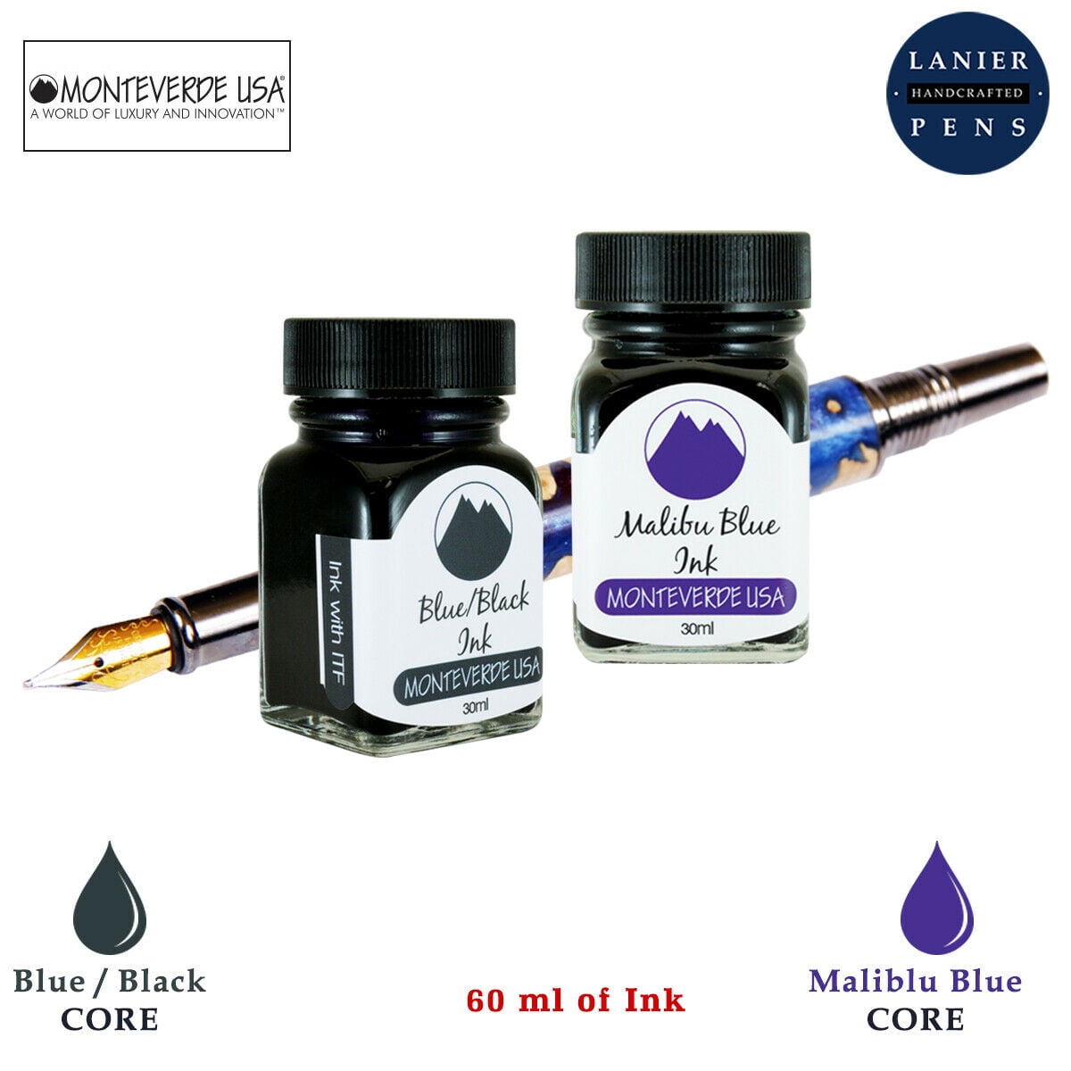 Monteverde 60ml Core Fountain Pen Ink Bottle (30ml Blue/Black Ink Bottle G309BB, 30ml Malibu Blue Ink Bottle G309MU)
