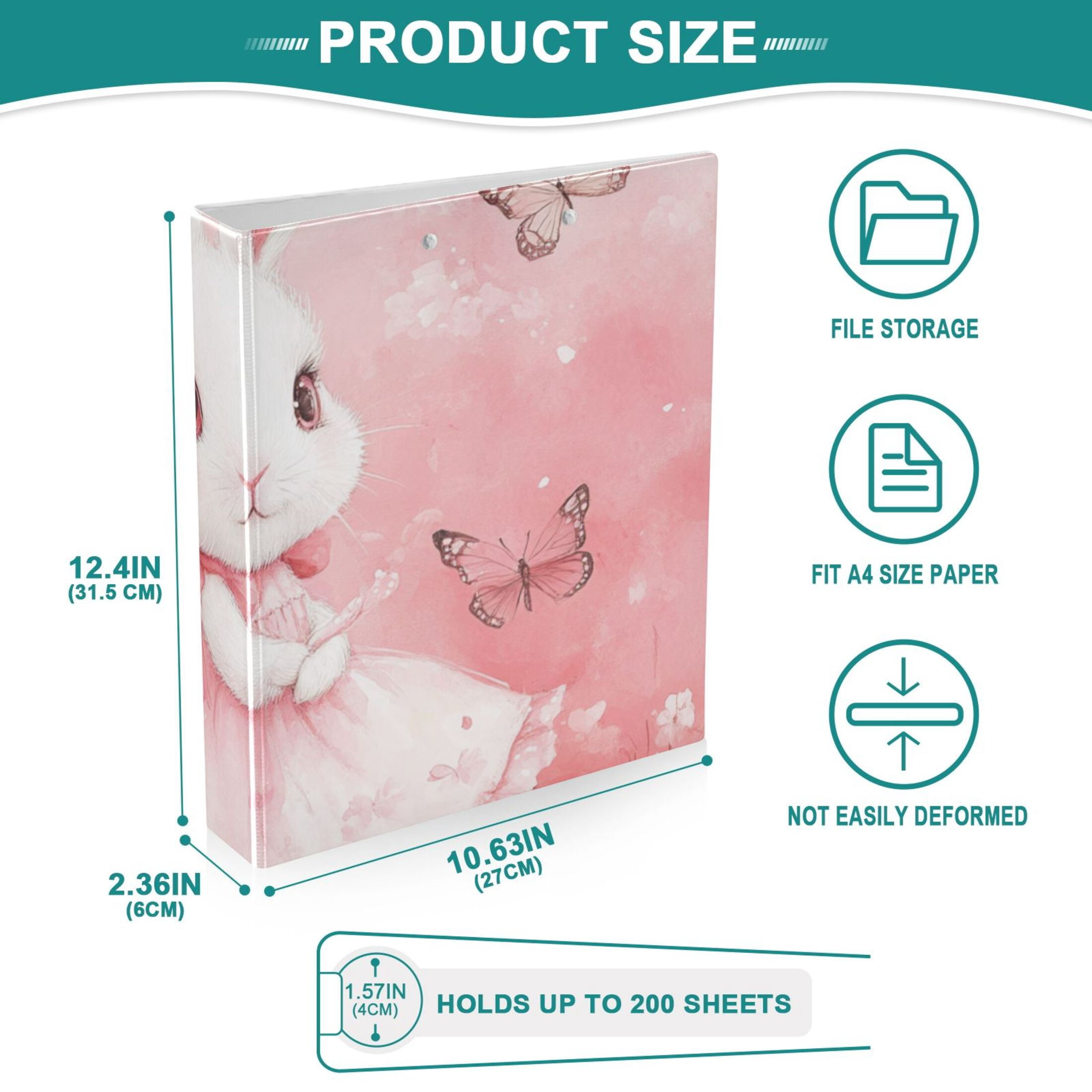 Pink Bunny Butterflies 3 Ring Binders 1.5 inch Hardcover File Folders with Interior Pockets A4 Size Organizer for School Office Hospital