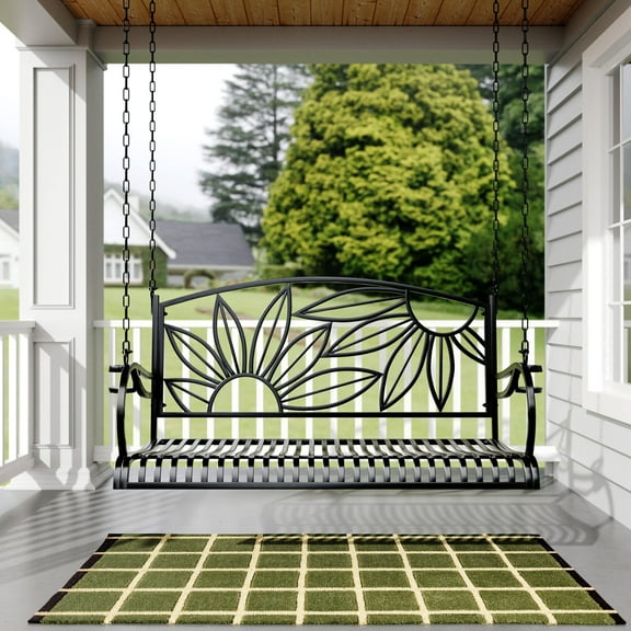 Live Casual Heavy Duty Mariposa Metal Porch Swing, 4-foot, Black, with Cupholders