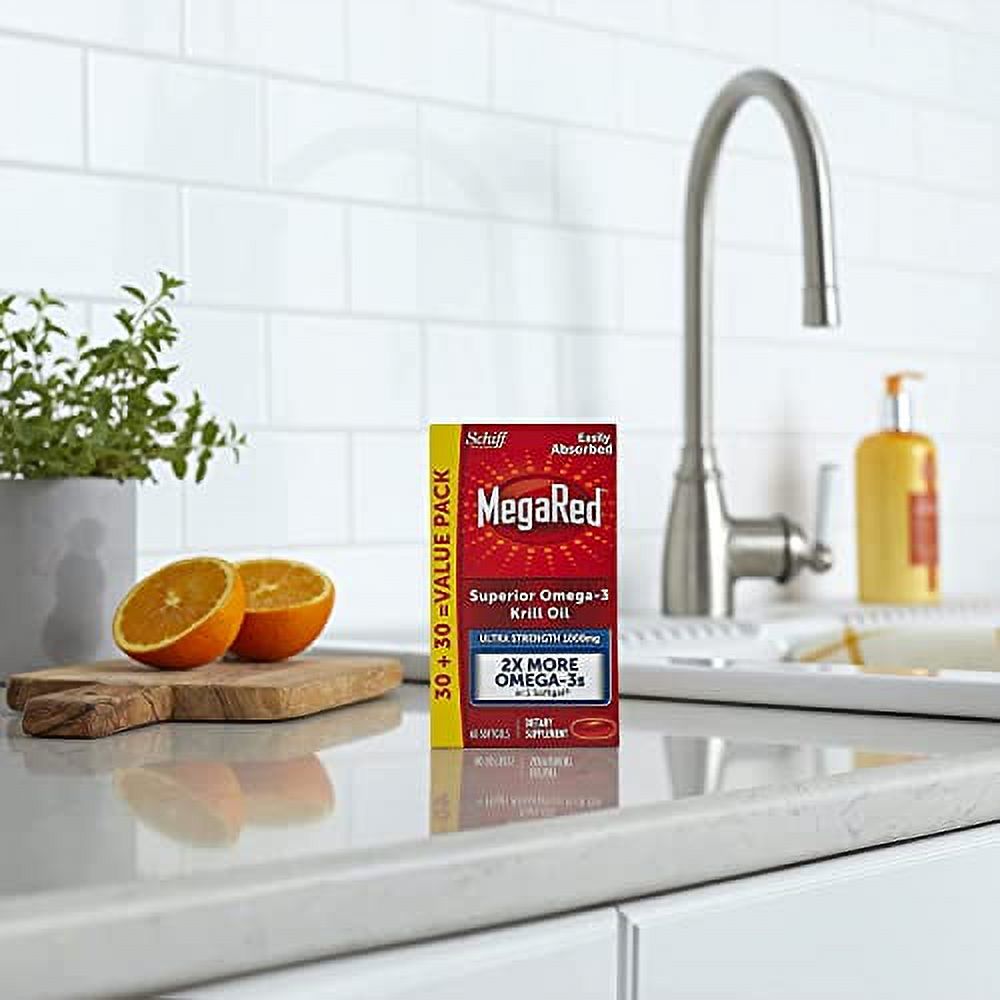 MegaRed Omega-3 Krill Oil Supplement 1000mg - Ultra Strength Softgels (60 Count in A Box), Has No Fishy Aftertaste, Has EPA and DHA, Antioxidant, Astaxanthin- 2 Pack