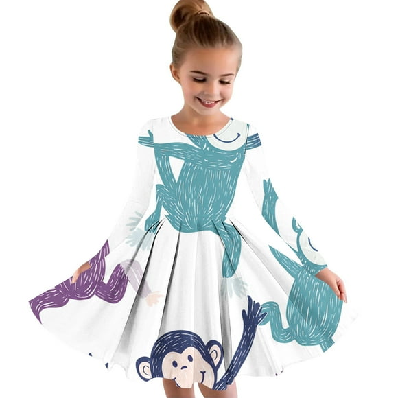 Odeerbi Niñas Vestido de Patinadora Dibujos Animados Vestidos de Princesa 4-14 Años Niños Graffiti Impreso Cuello Redondo Vestido de Manga Larga