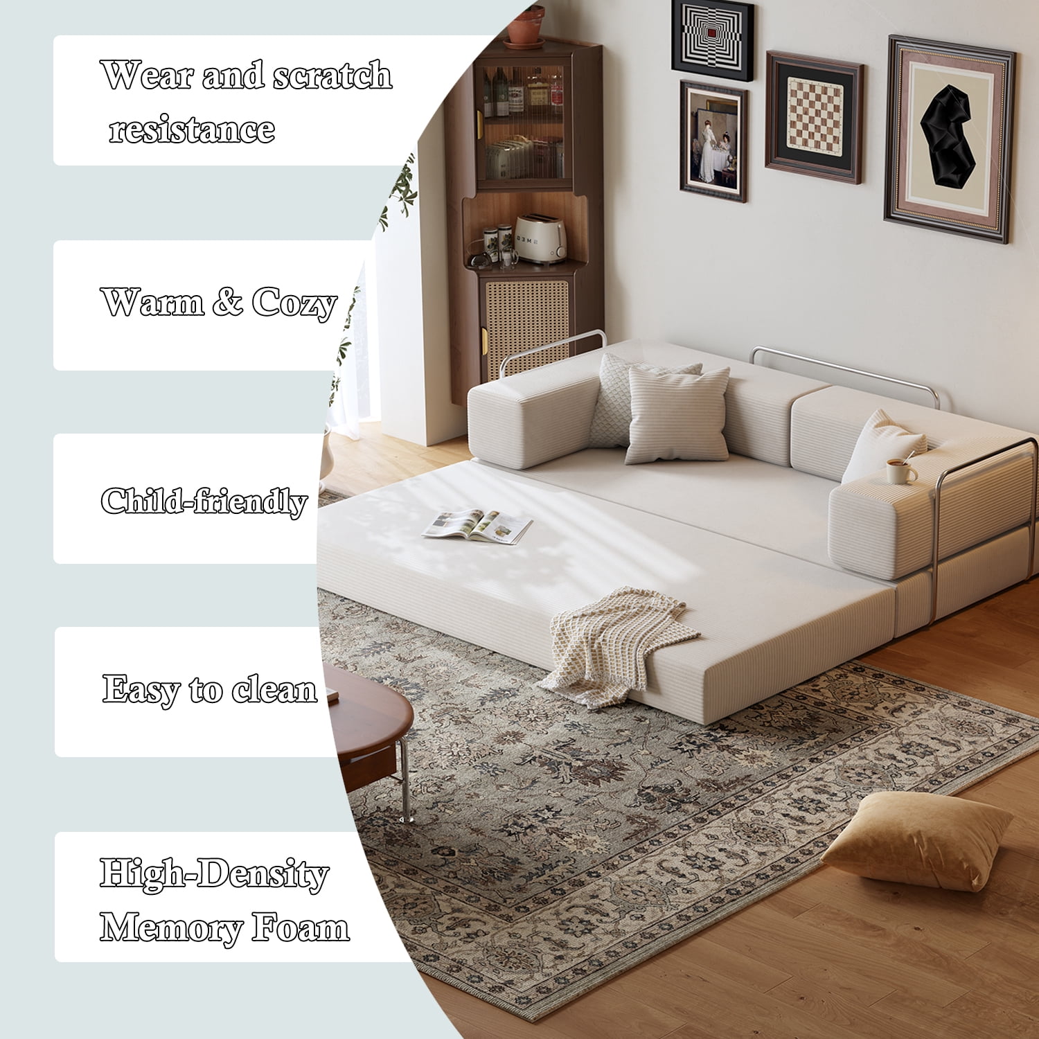Lodeija 80.3" 5-in-1 Convertible Futon Sofa Bed, White Corduroy Tatami Sleeper Couch for Small Spaces, 2 Pillows