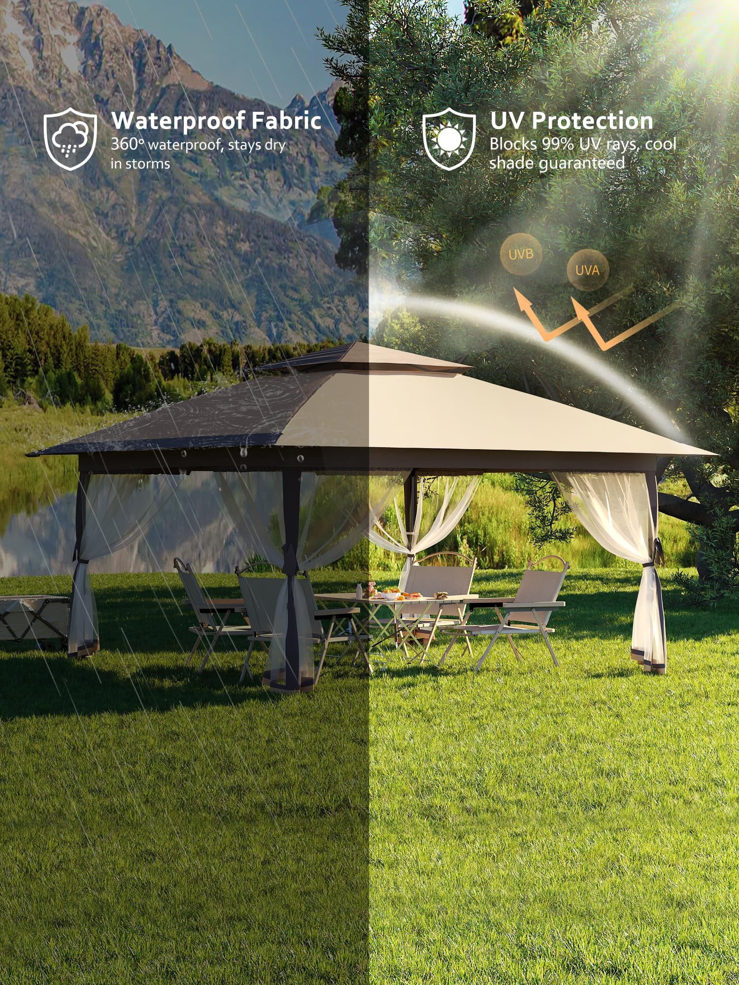 Luku 13x13FT Pop Up Gazebo, Canopy Tent with Mosquito Netting - Outdoor Gazebo for Backyard & Patio Furniture - Pop Up Tent with Wheeled STO-N-Go Cover Bag