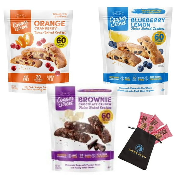 Cooper Street Cookies Variety 18 oz All Natural Twice Baked Crispy Cookie, Nut & Dairy Free, Low Calorie Biscotti Style Brownie, Orange and Lemon 3 Pack With Bag of 3 Chewy Granola Bakes