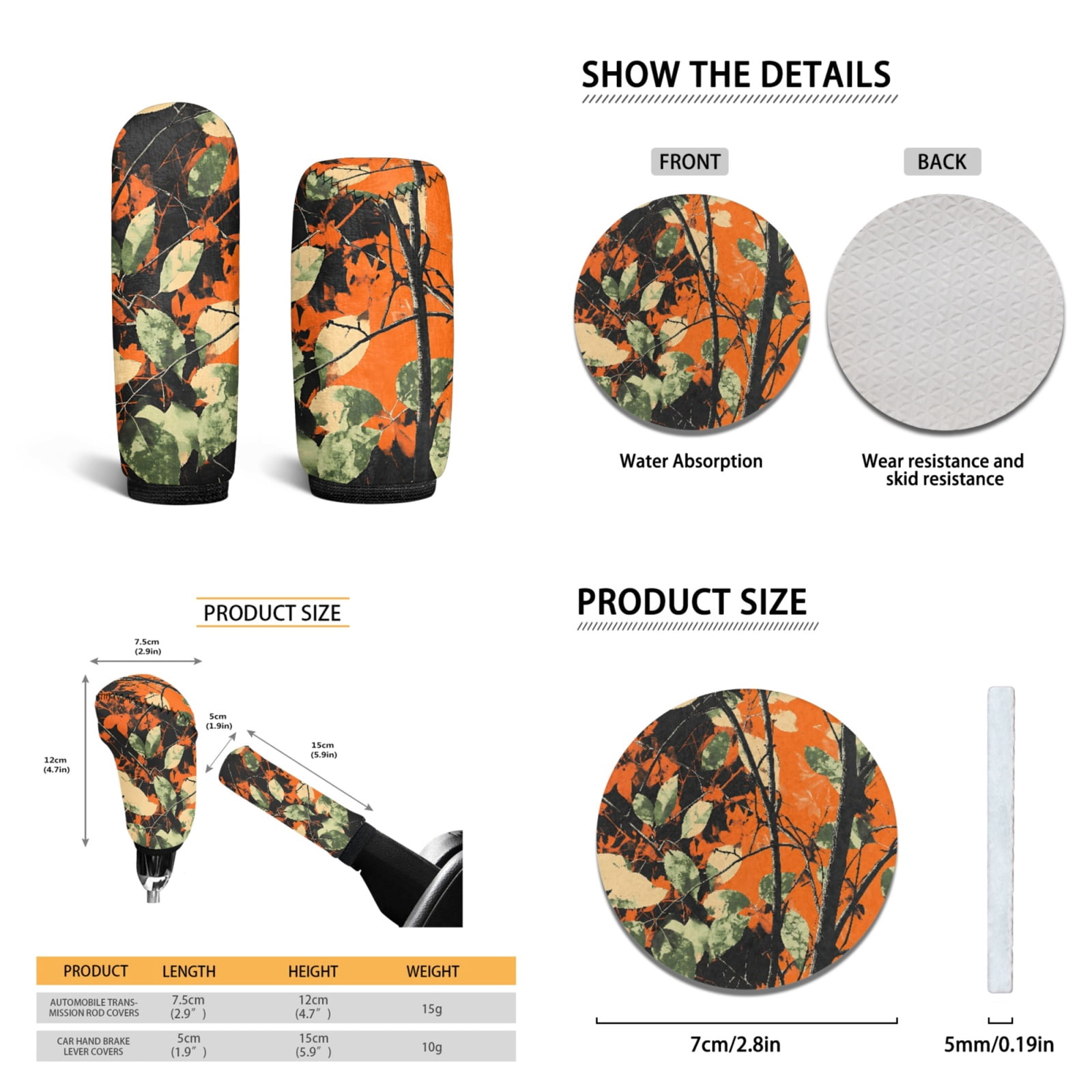 Yuyamidu Camo Hunting Car Seat Cover Full Set Orange Wood Car Floor Mats Steering Wheel Cover Seatbelt Pad Cup Coaster Handbrake Cover Gear Shift Knob Cover 15pcs Auto Accessories Set for Sedan