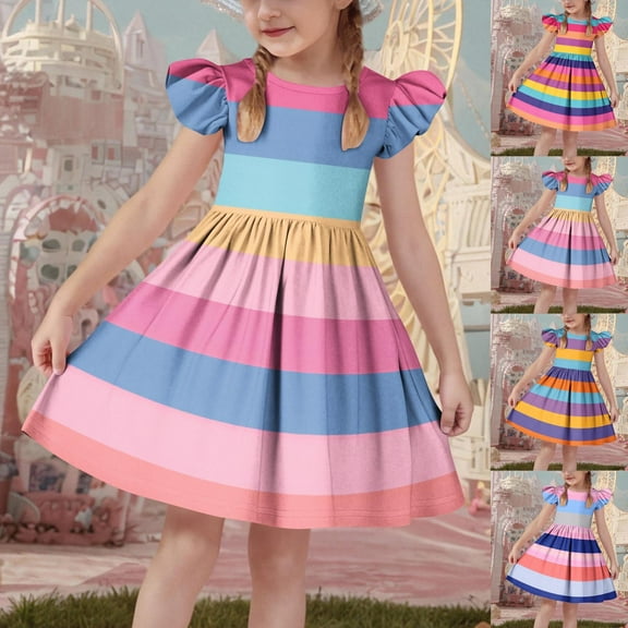 Pounoo New Dresses For Girls Cute Striped Sleeveless Flower Girl Dresses Round Neck Knee Length Dress Breathable Kids Dresses Girls 4-16