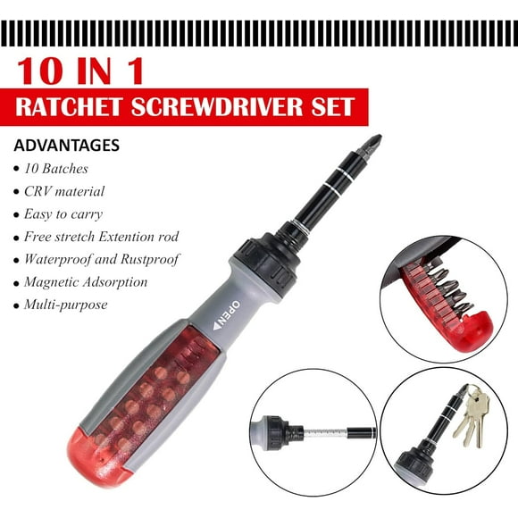 ZZkhGO 10-in-1 Magnetic Ratcheting Screwdriver, Multi-Bit Set with Stubby Handle, Compact Tool for Home Repair Construction Appliance