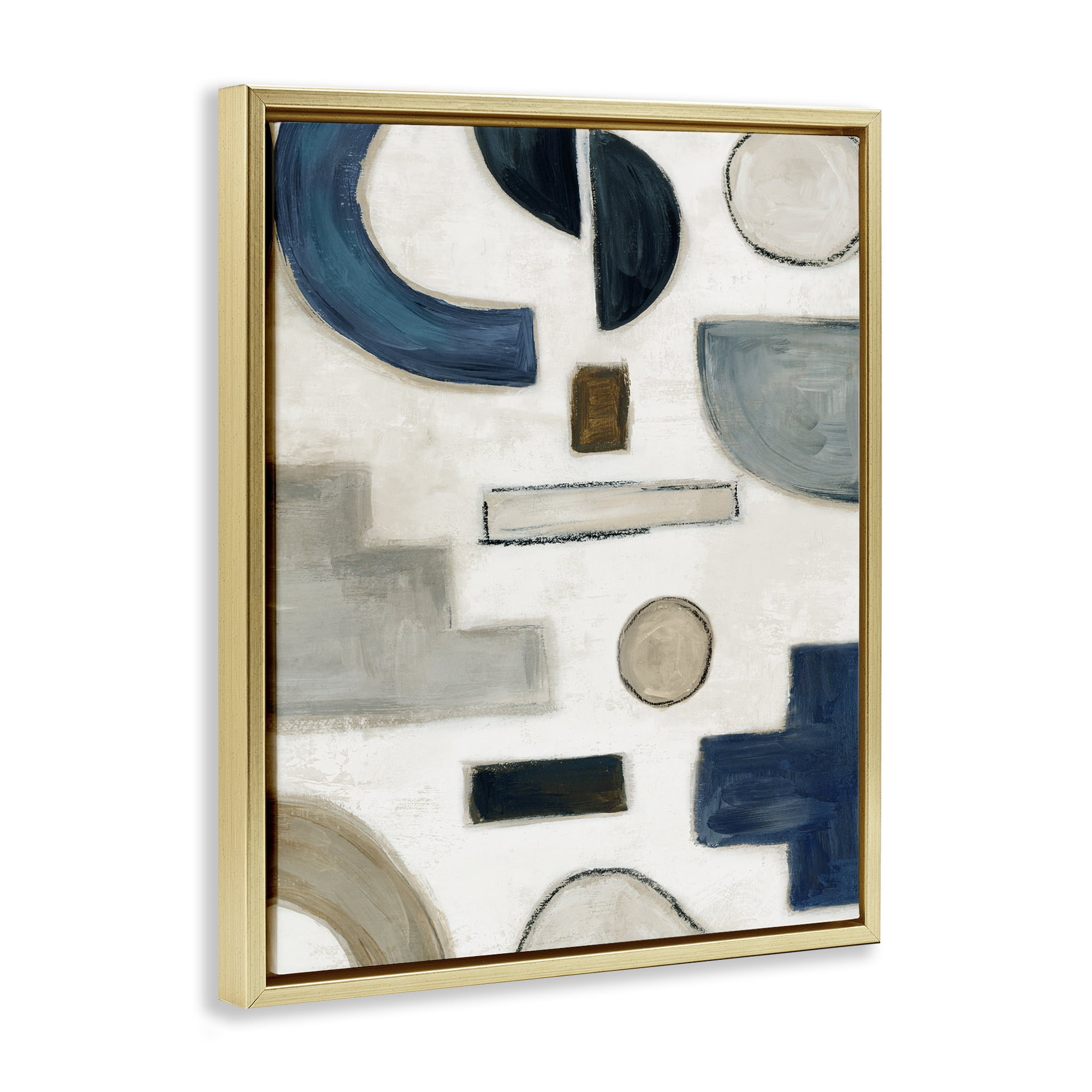 Stupell Industries Neutral Shapes Blue & Beige Abstract Painting Gold Floater Framed Canvas Art Print Wall Art, 25 x 31