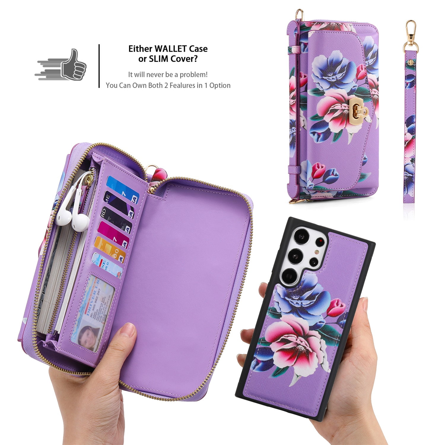 SaniMore Magnetic Detachable Wallet Case for Samsung Galaxy S22 Ultra, Flower Pattern RFID Blocking Cover Support Wireless Charging Card Slot Shoulder & Wrist Strap 360° Full Protective Shell, Purple