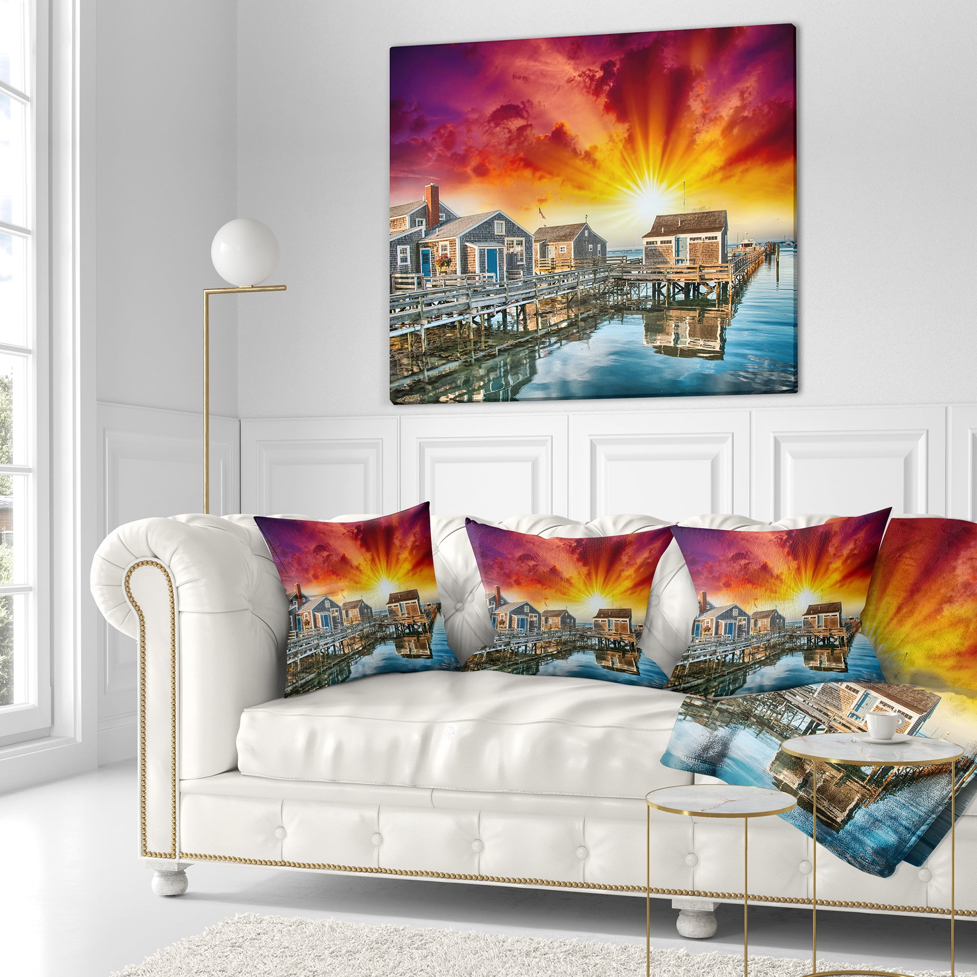 Designart Wooden Homes at Sunset - Landscape Photo Throw Pillow - 16x16
