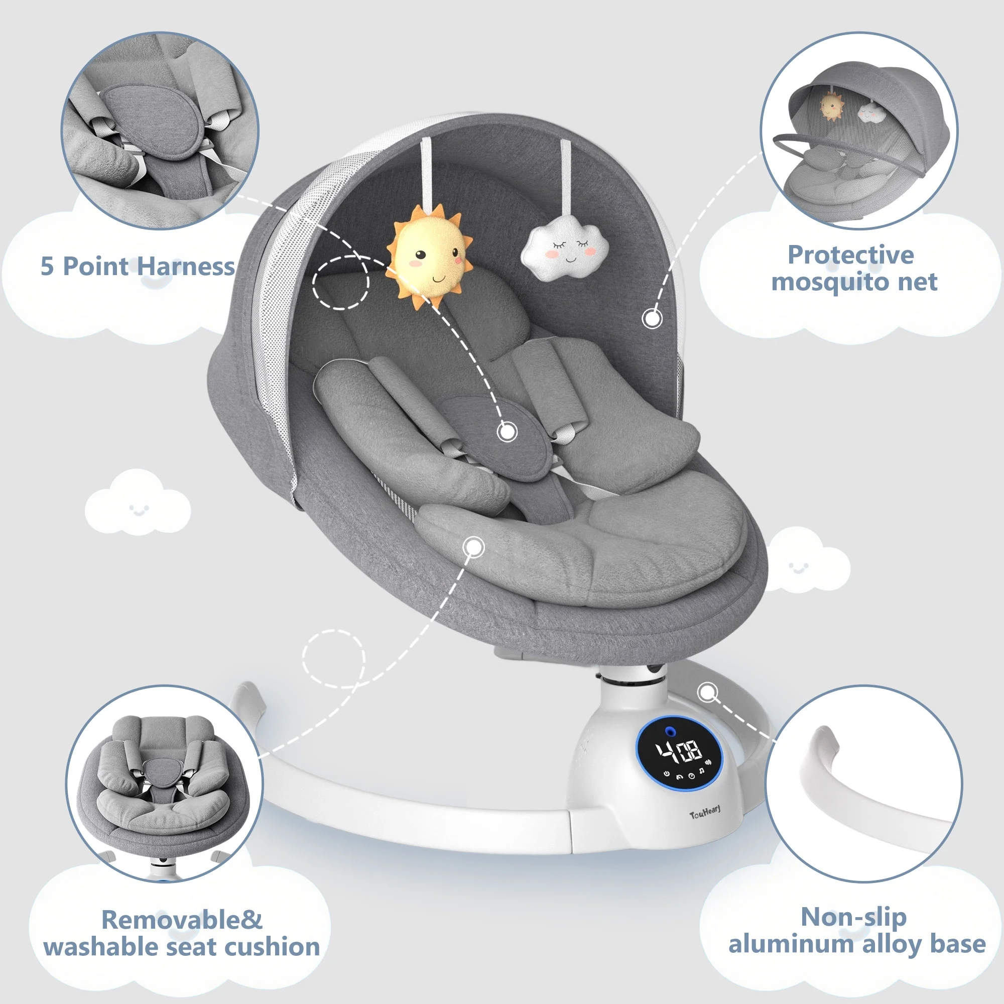 TouHeart Electric Baby Swing, Infant Rocker with Bluetooth & Remote,5 Speeds,10 Lullabies,3 Timing, Gray