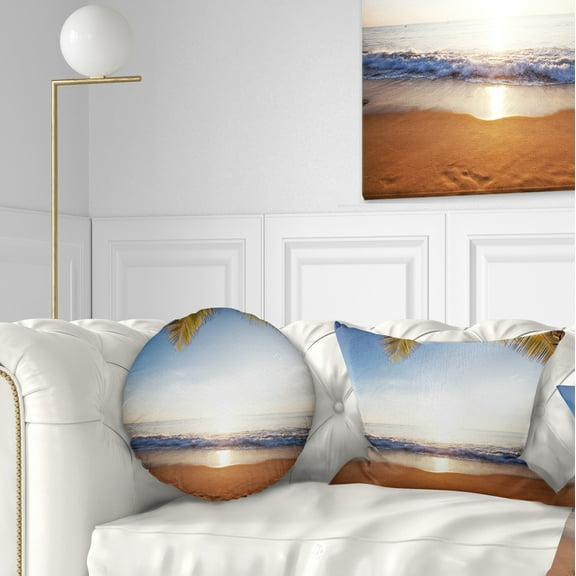 Designart Deserted Beach with Palm Leaves - Seashore Throw Pillow - 12x20