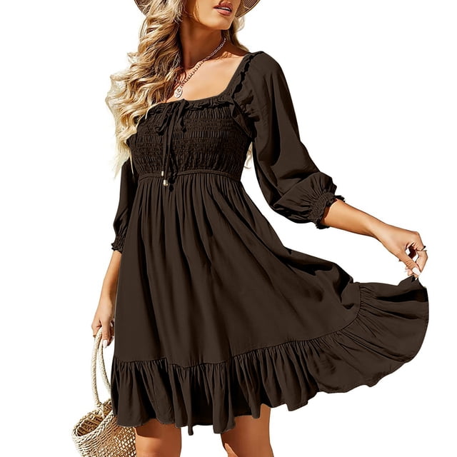 Gspmoly Robes d'Été pour Femmes, Robe Décontractée à Col Carré Mode avec Cordon de Serrage Dos Ouvert Lacé Manches 3/4 Robe Aguichant Slim pour Vacances
