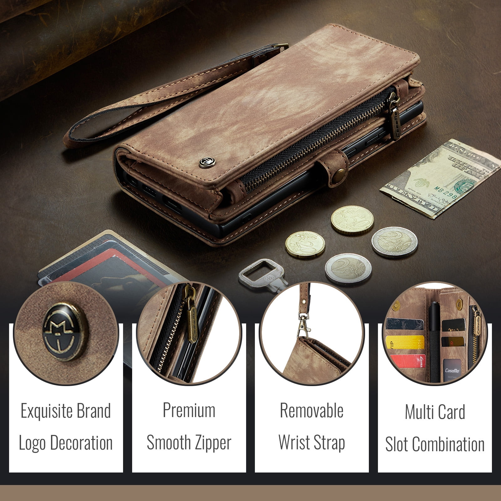 Feishell Durable 2- In-1 Magnetic Detachable Wallet Case for Samsung Galaxy Z Fold 7,for Women Men,Premium PU Leather Zipper Pocket Flip Multi Card Slots Purse Phone Case with Wrist Strap,Darkbrown