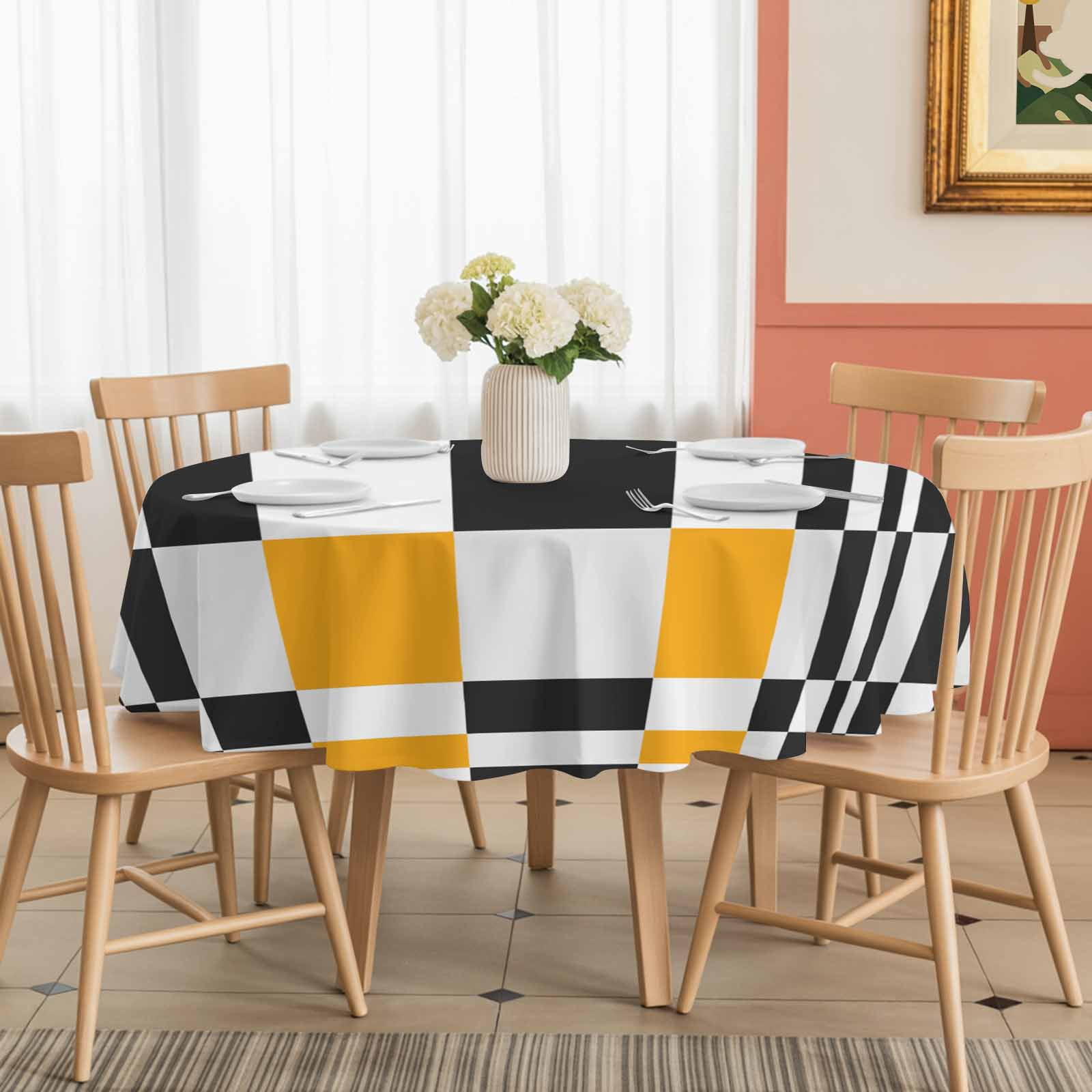 Round Tablecloth Yellow Black Squares Waterproof Oil Proof Polyester Table Cloth Cover Decor for Home Dining Outdoor,Patio,Parties, 54" Dia. Abstract Geometric Art