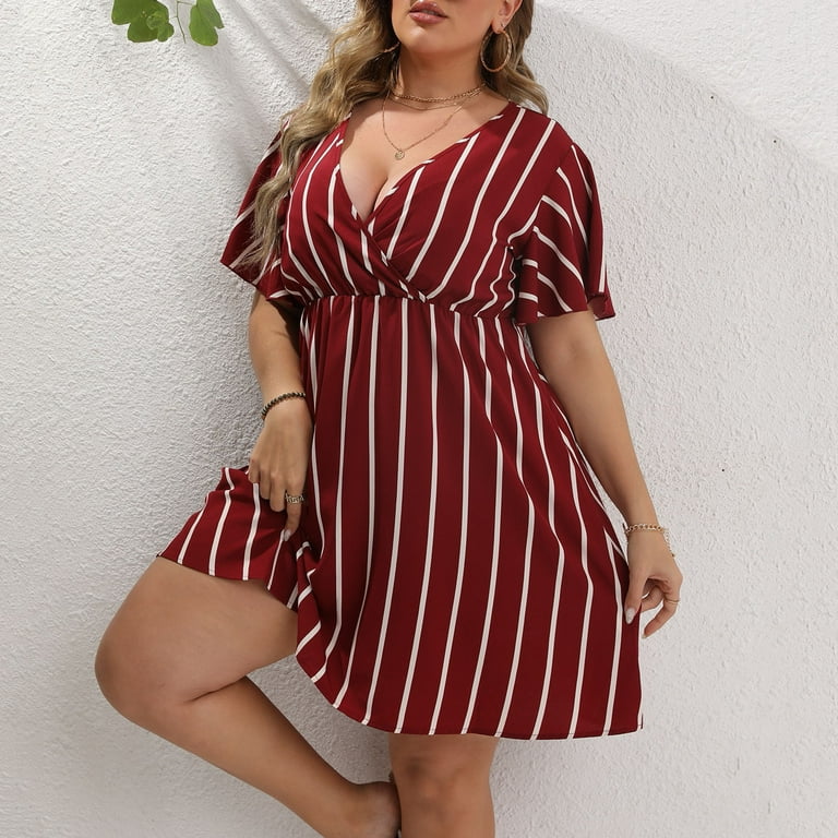 Sexy Plus Size Dresses for Women Stripes Wrap V Neck Large Bust Summer  Short Sleeve Midi Dress Short