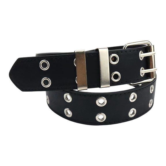 Women Double Grommet Studded Belts Imitation Leather Punk Waist Belt with Square Buckle Fashion Basic Wdie Waistband Black One Size