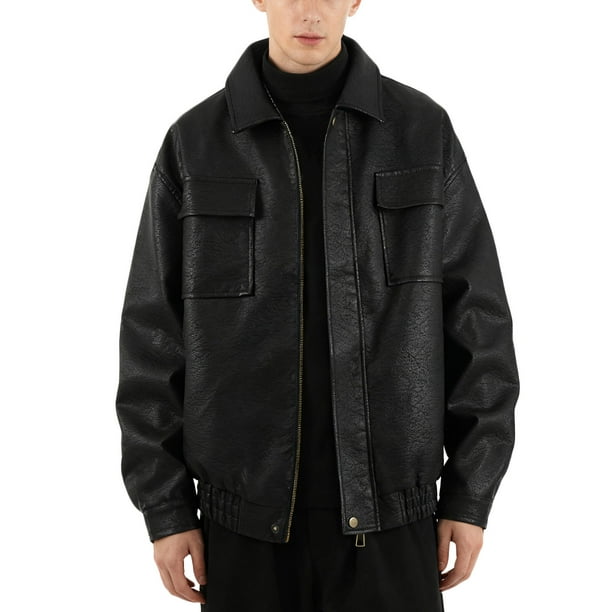 Ceisia Men's fashion casual solid color faux leather lapel zipper Gift coat pocket long sleeve outerwear