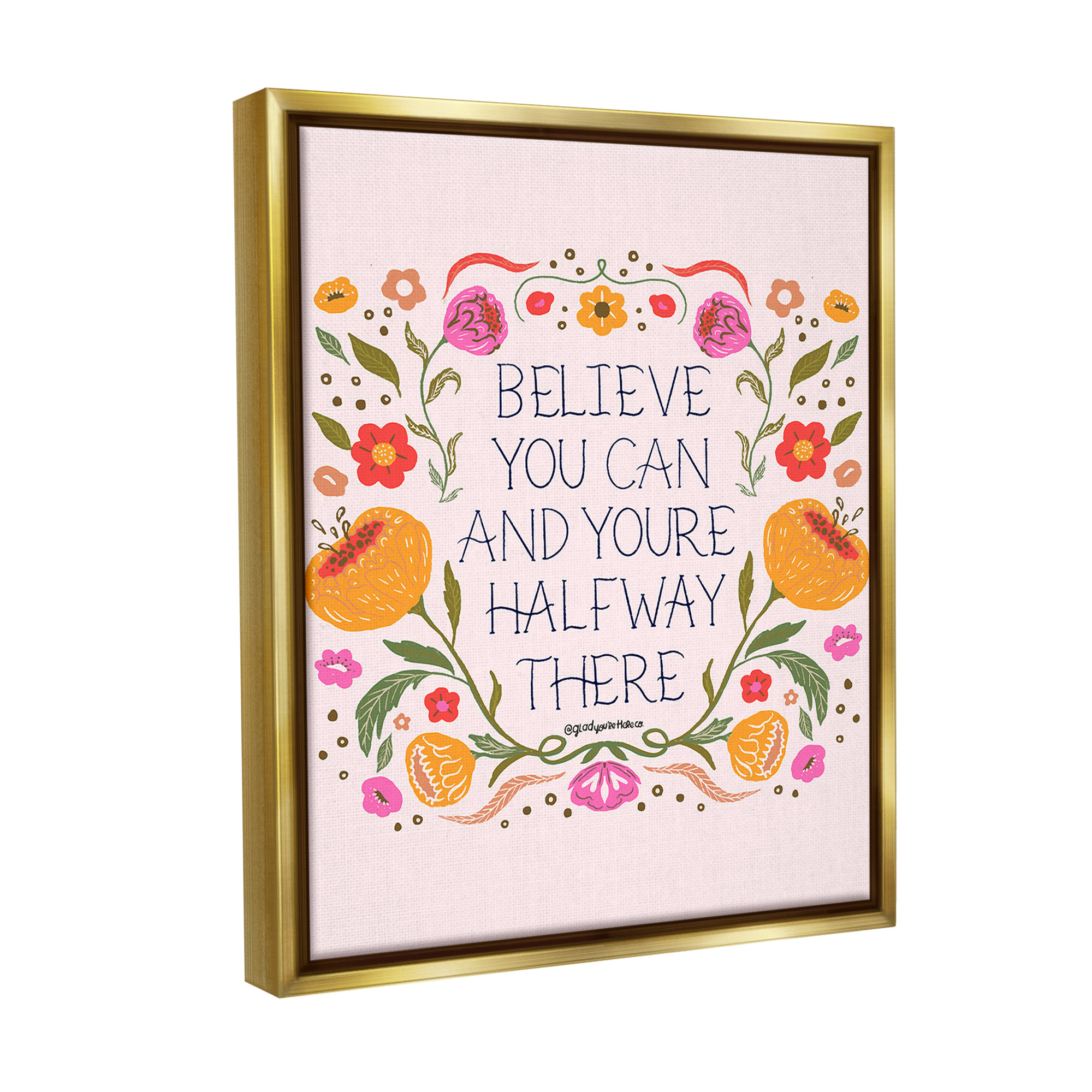 Stupell Industries Inspiring Believe with Florals Inspirational Painting Gold Floater Framed Canvas Art Print Wall Art, 25 x 31