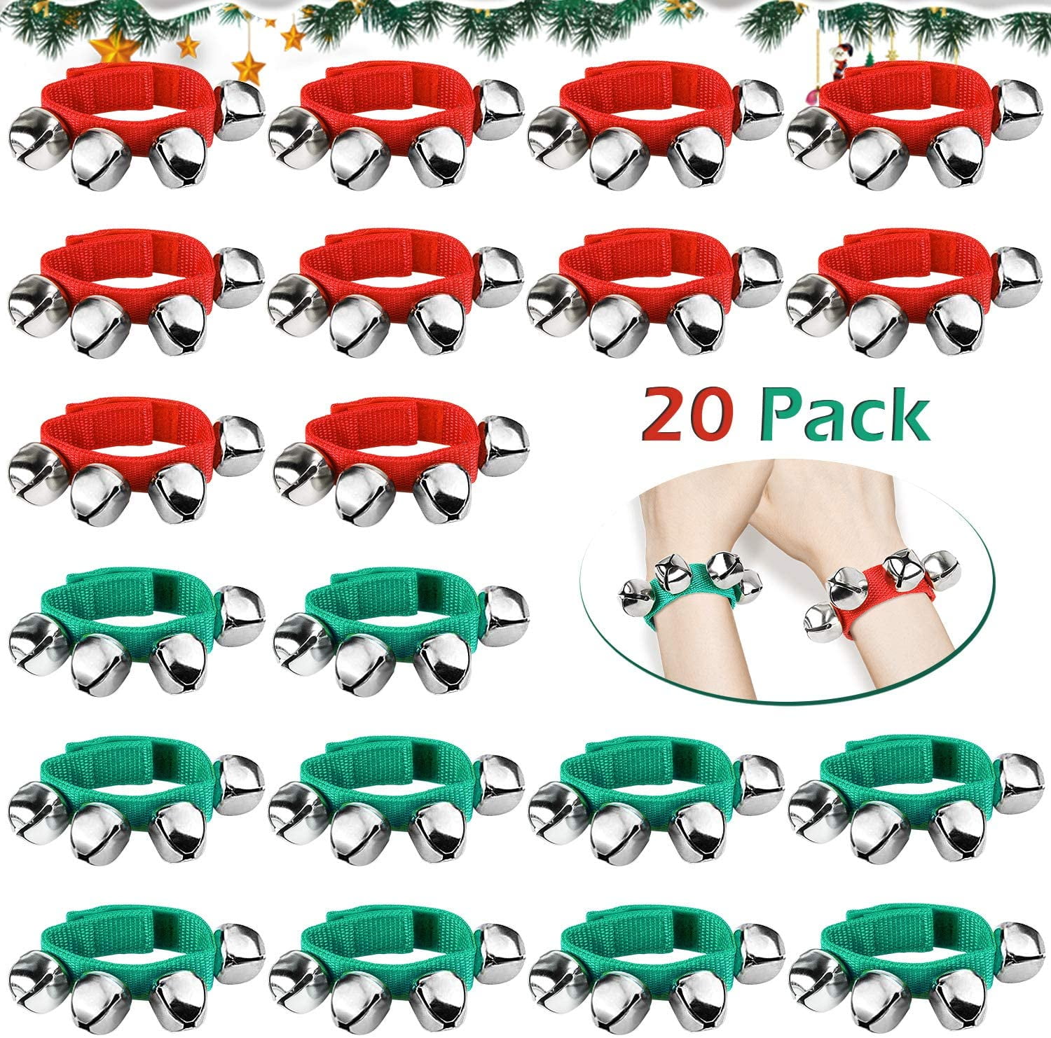 20PCS Christmas Wrist Band Jingle Bells 10 Red and 10 Green Musical Instruments for Christmas Party Favors 