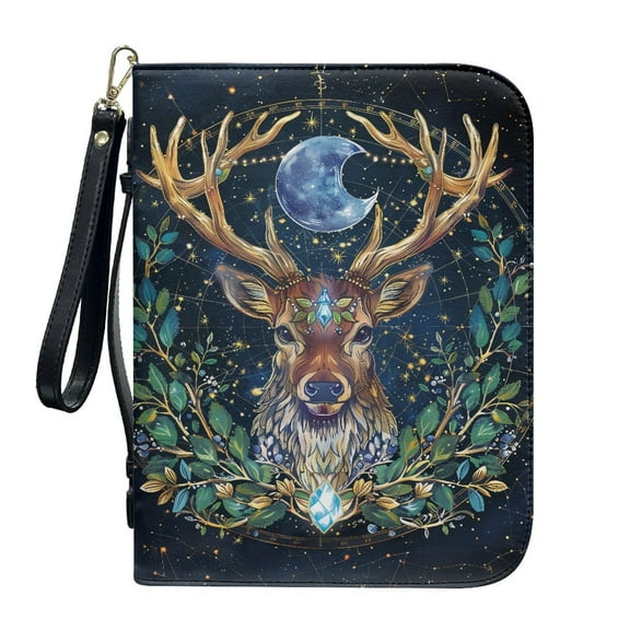 ZUXONGSY Dreamy Elk Olive Leaf Moon Print PU Leather Bible Cover for Women Men Multifunctional Bible Protective Carrier with Detachable Wristlet Strap Scripture Bag for Daily Use Bible Gift, XL