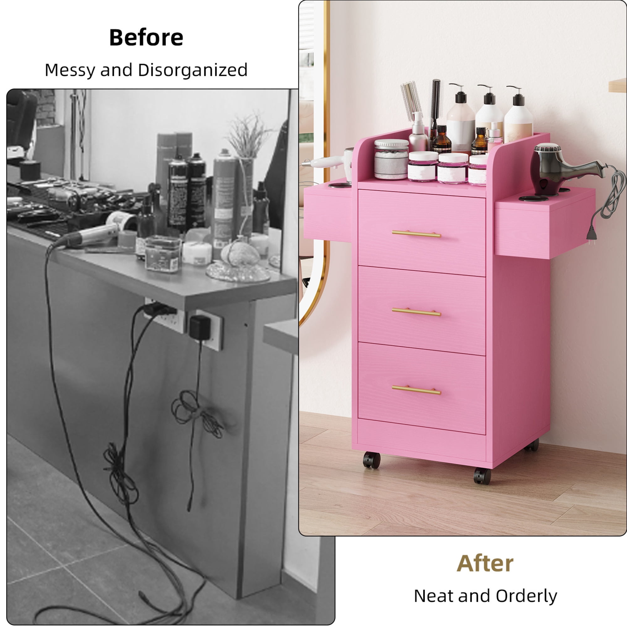 4 EVER WINNER Pink & Gold Barber Storage Cabinet with Gold Handles, Rolling Salon Station with 3 Drawers & 6 Tool Holders, Stylish Movable Cart for Hair Styling Tools
