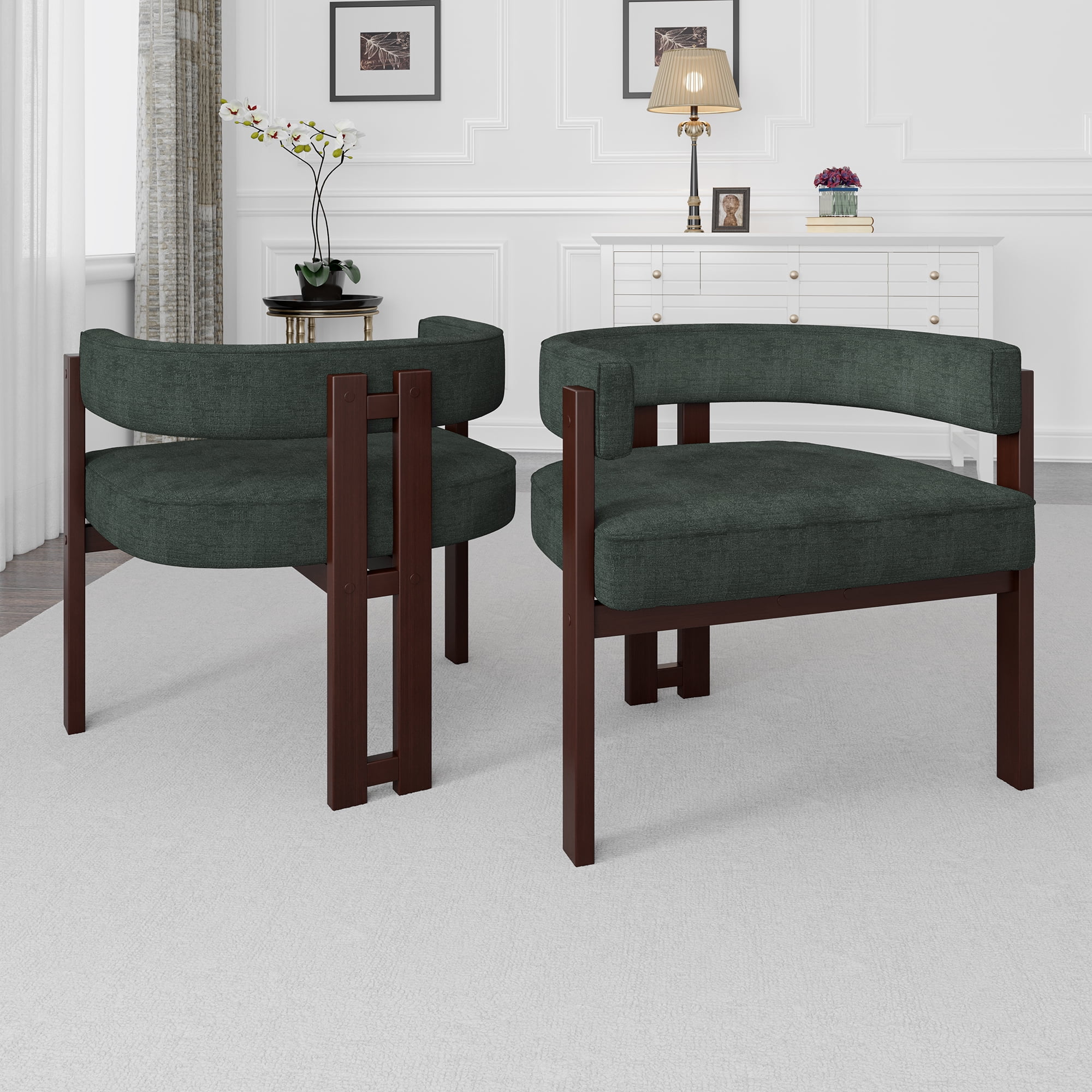 MAYEERTY Modern Accent Chair Teddy Upholstered Armchair with Open Back 3 Legs Barrel Dining Chair Comfy Side Chair for Living Room/Bedroom/Dining Room Set of 2 (Emerald)
