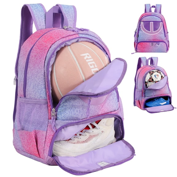 TRAILKICKER Basketball Bag Backpack for Women Men with Ball & Shoes Compartment 30L Capacity Lightweight Breathable Soccer Ball Bag Backpack Fit Volleyball Football Sports Travel Gym Purple
