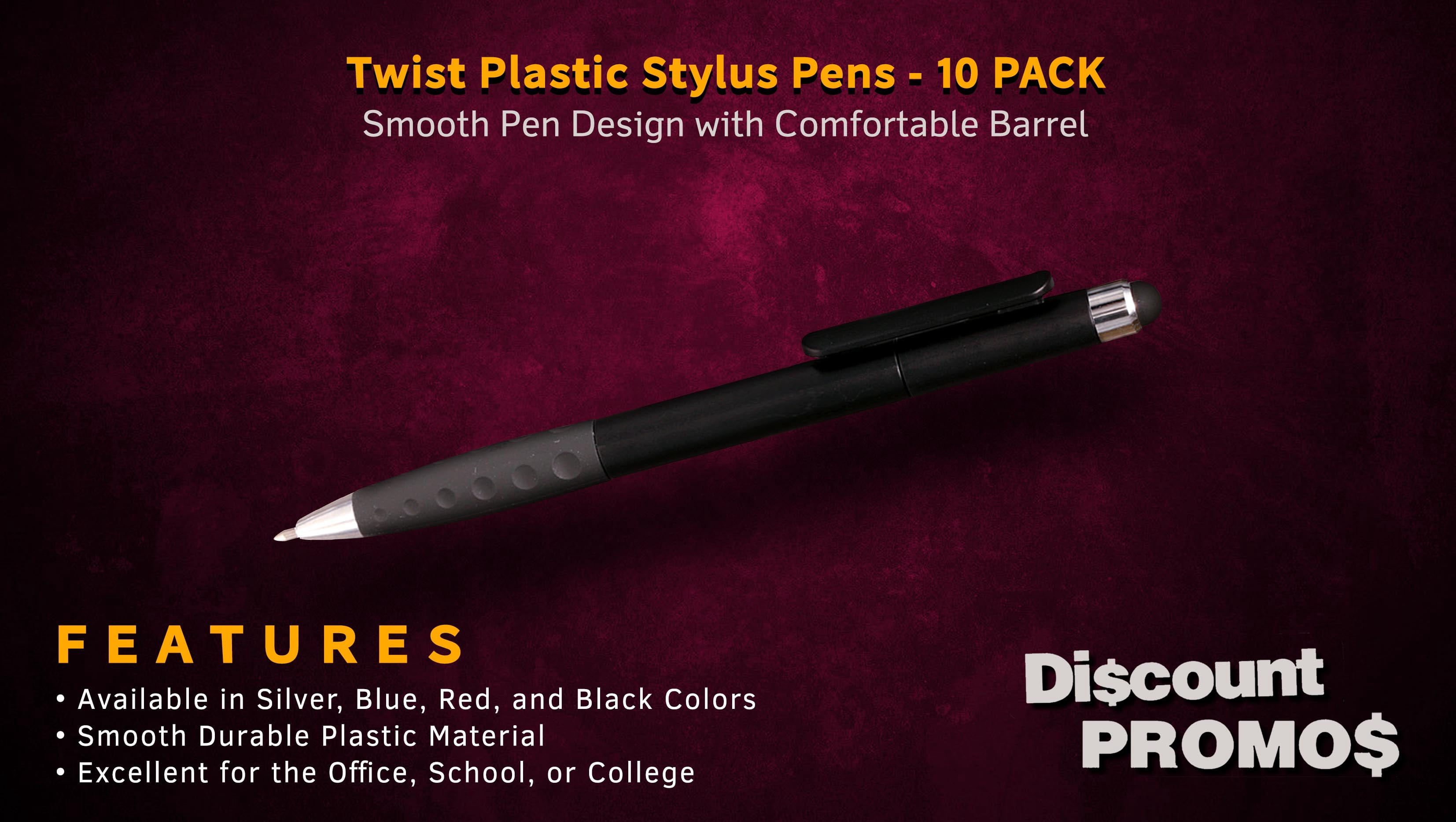 10 Twist Plastic Stylus Pens Pack - Ballpoint, Rubber Grip - Black