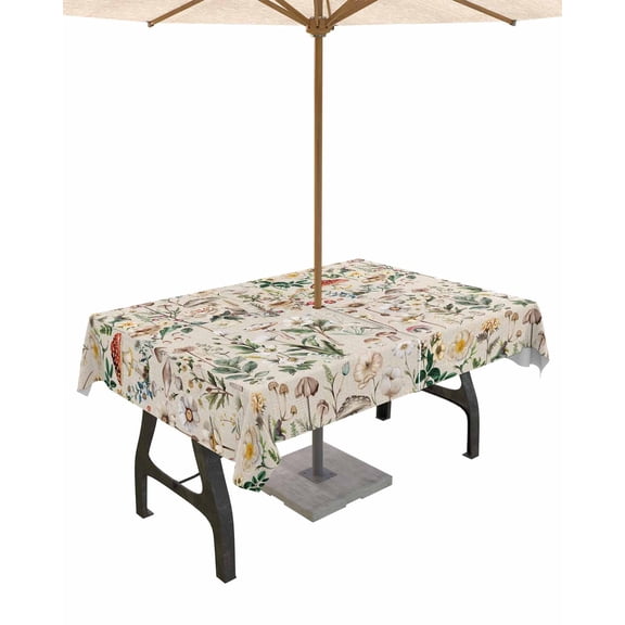 Fsddascl Pastoral Botanical Outdoor Tablecloth - 60x120 Inch Rectangle Dining Table Cover, Vintage Mushroom Spring Summer Flowers Waterproof Outdoor Table Cloth with Umbrella Hole & Zipper for Patio