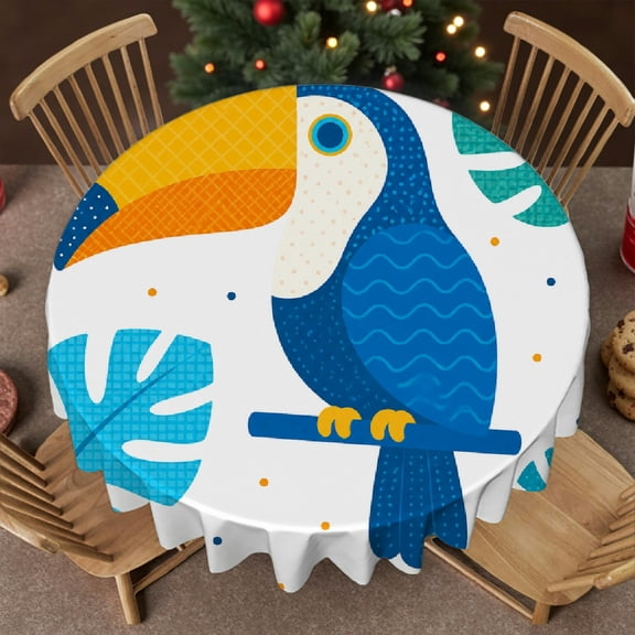 RKSupls 60 Inch Tropical Toucan Monstera Leaves Polyester Round Table Cover, Kitchen Accessories - Holiday-Themed Design Round Tablecloth, Wedding, Party, Holiday, Home Dining