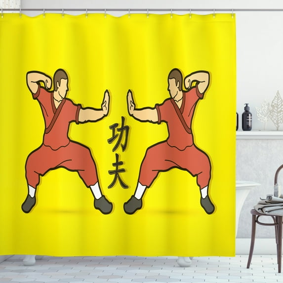 Kung Fu Shower Curtain, Karate Design with Japanese Symbols and Cartoon Icons, Fabric Bathroom Set with Hooks, 69W X 70L Inches, Yellow Dark Salmon Green Brown and Peach, by Ambesonne