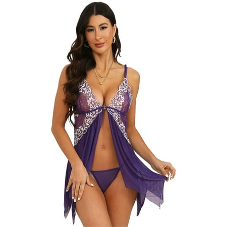 Lingerie for Women  PUTUO Front Closure Womens Lingerie  Lace V Neck Sexy Lingerie Bridal Babydoll Chemise